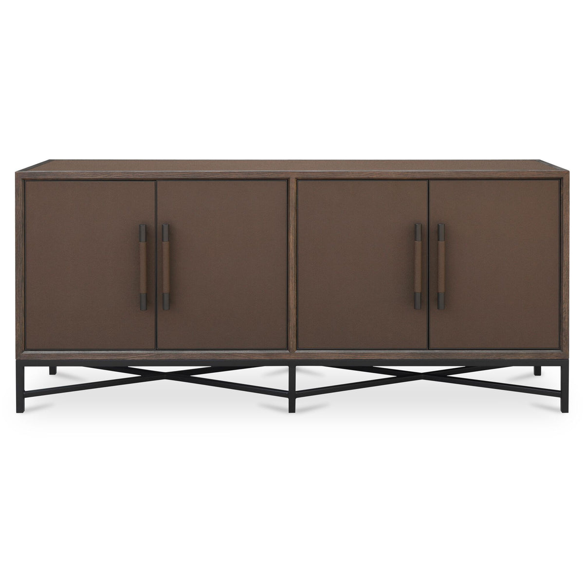 Brown sideboard with four doors and metal bar handles, black angled legs