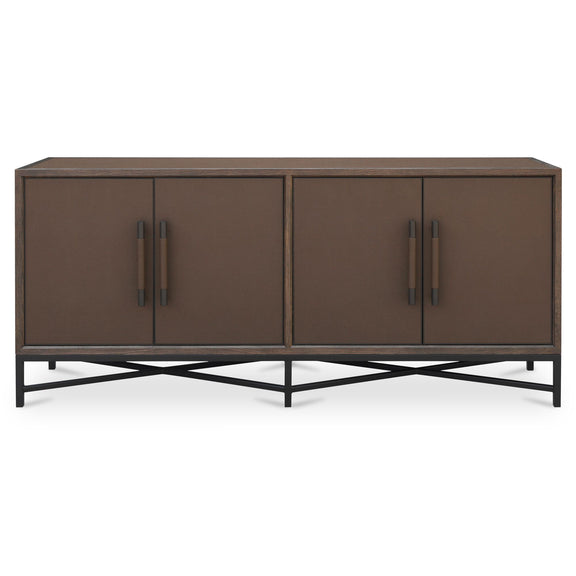 Brown sideboard with four doors and metal bar handles, black angled legs