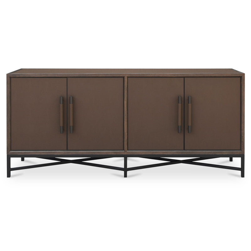 Brown sideboard with four doors and metal bar handles, black angled legs