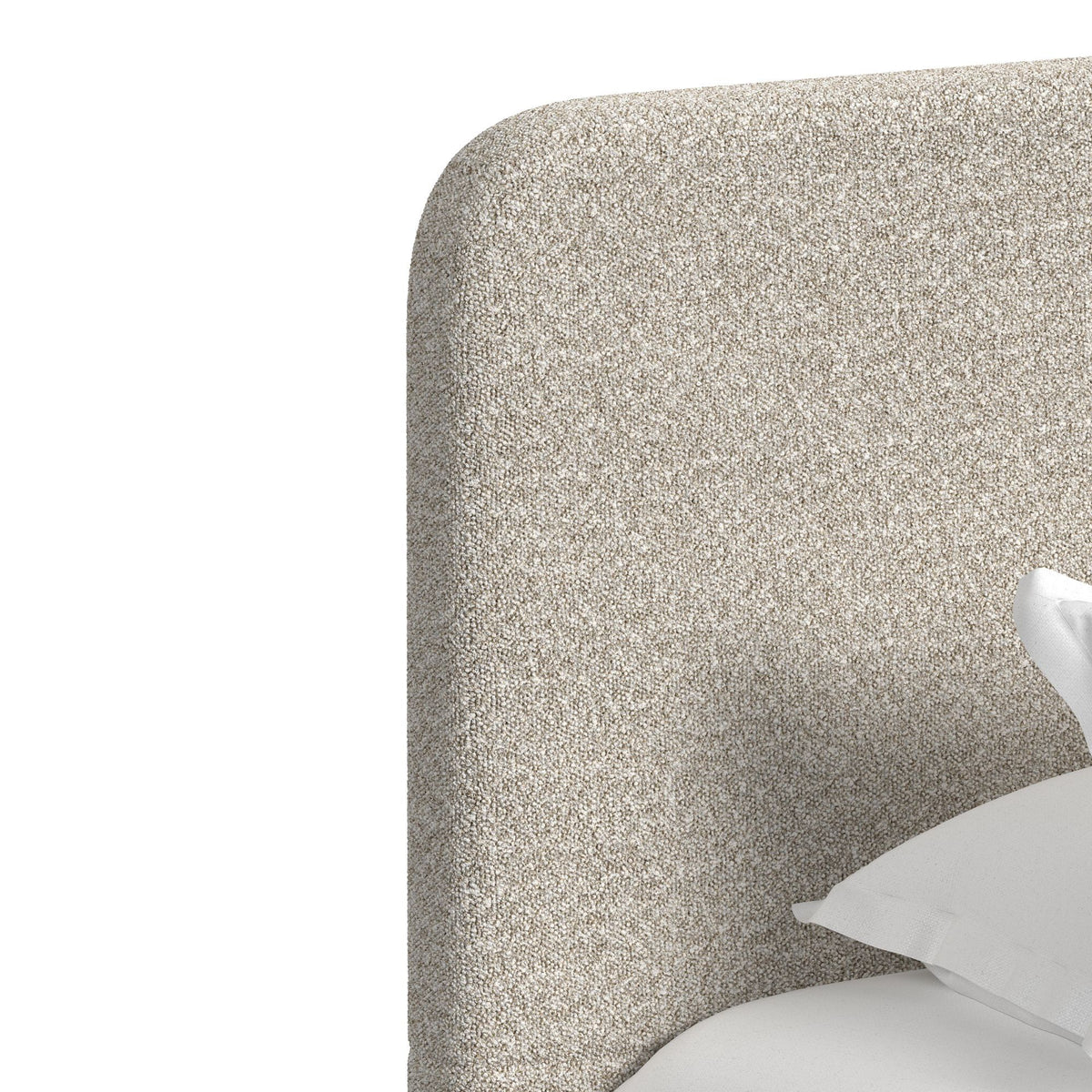 Upholstered headboard with curved top in light gray textured fabric