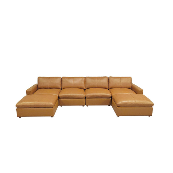 Modular sectional sofa in light brown with corner chaise and tufted cushions