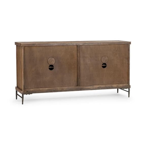 Edison wood cabinet with two doors and round pull handles, dark tan finish