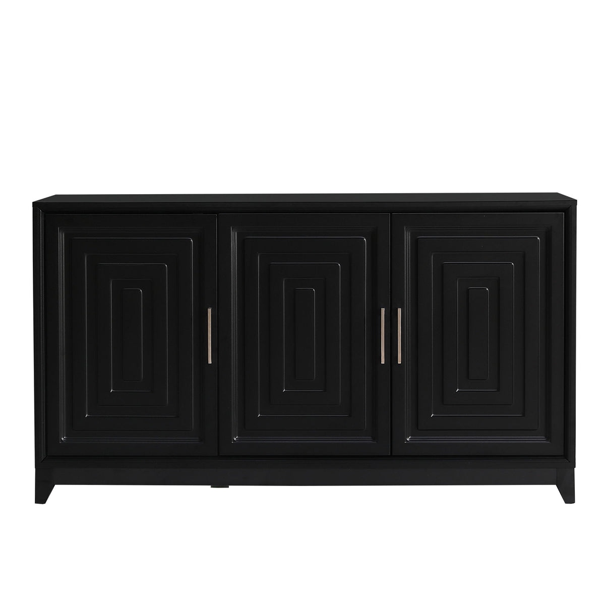 Black TV stand with three paneled cabinet doors and metal bar handles.