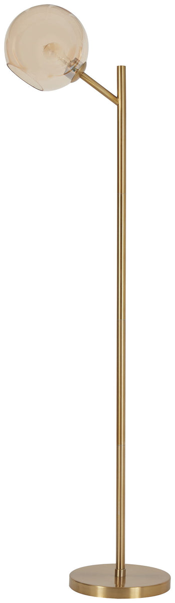 Amber glass globe metal floor lamp with gold finish and round base stand