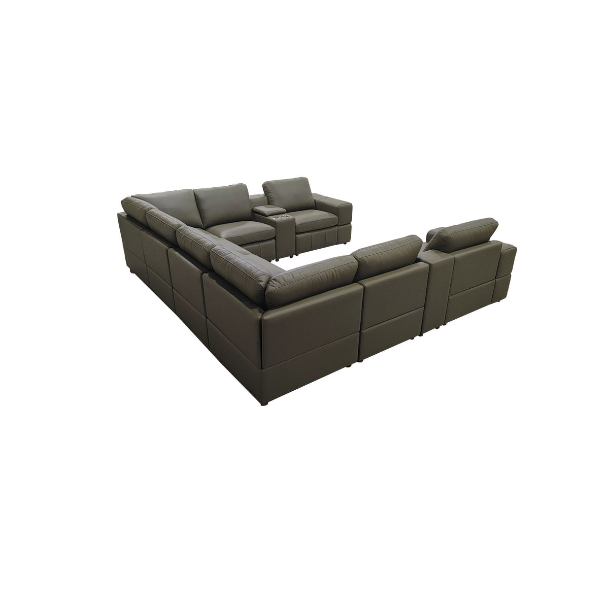 Dark gray modular sectional sofa with large square arms and chaise seating