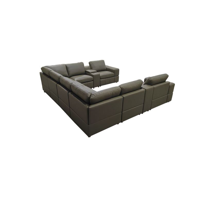 Dark gray modular sectional sofa with large square arms and chaise seating