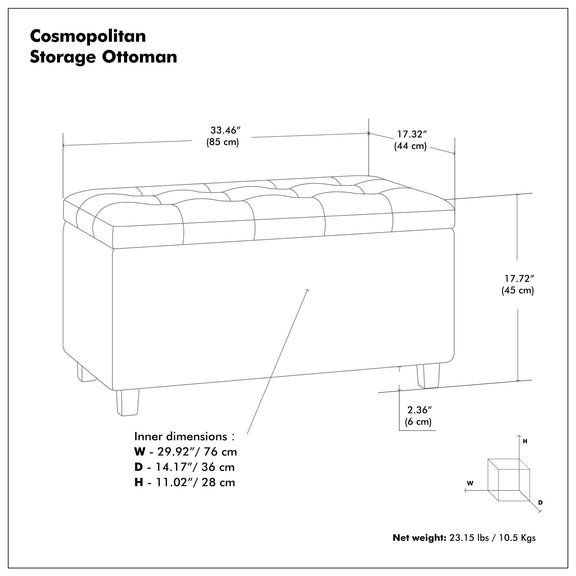Storage ottoman size diagram with measurements in inches and centimeters