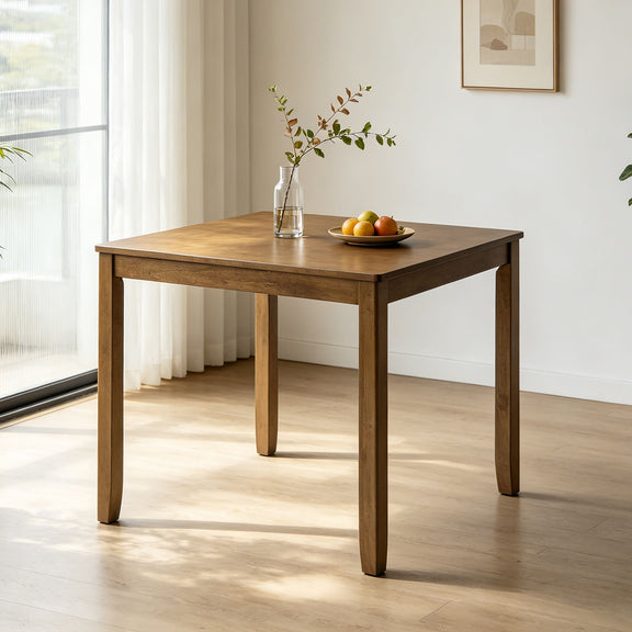 Square oak dining table with simple design, four tapered legs, and flat top