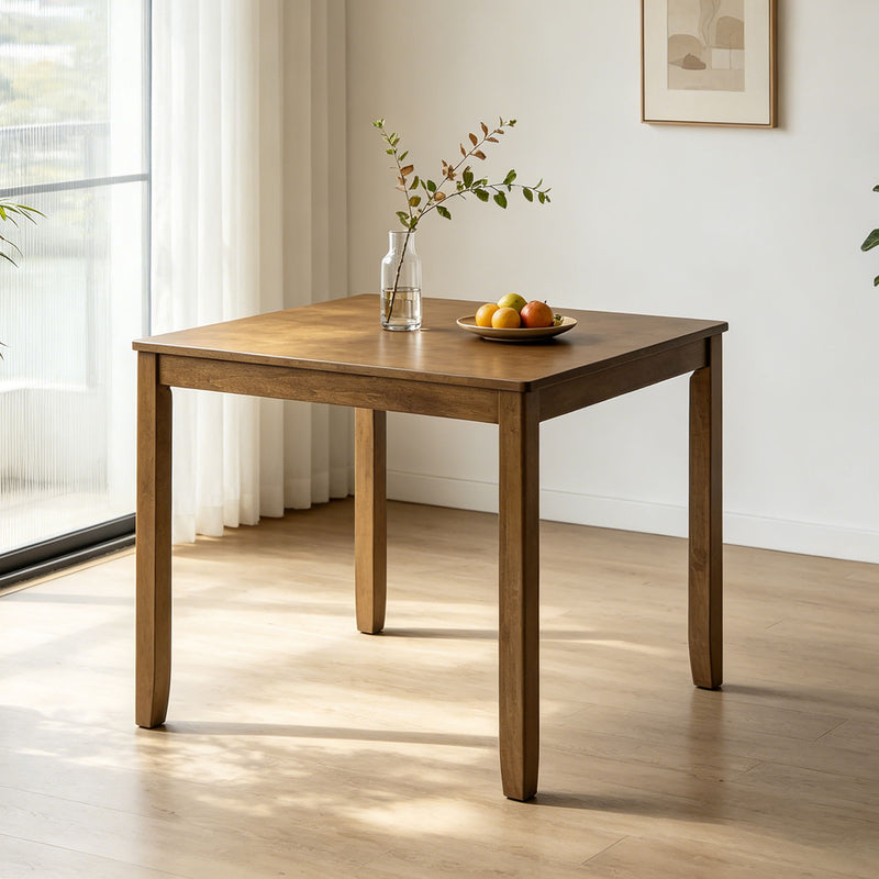 Square oak dining table with simple design, four tapered legs, and flat top