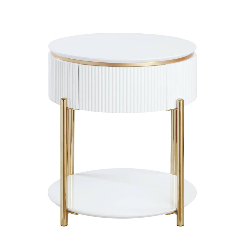 Round high-gloss end table with white ribbed body, gold legs, and lower shelf