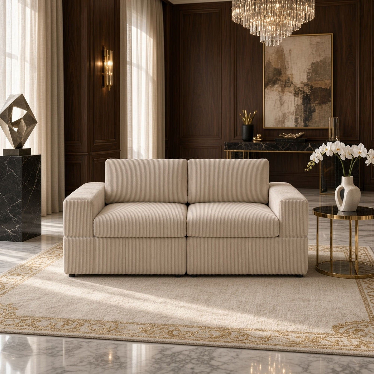 Beige modular loveseat with two seat cushions and ribbed upholstery, shown front-on