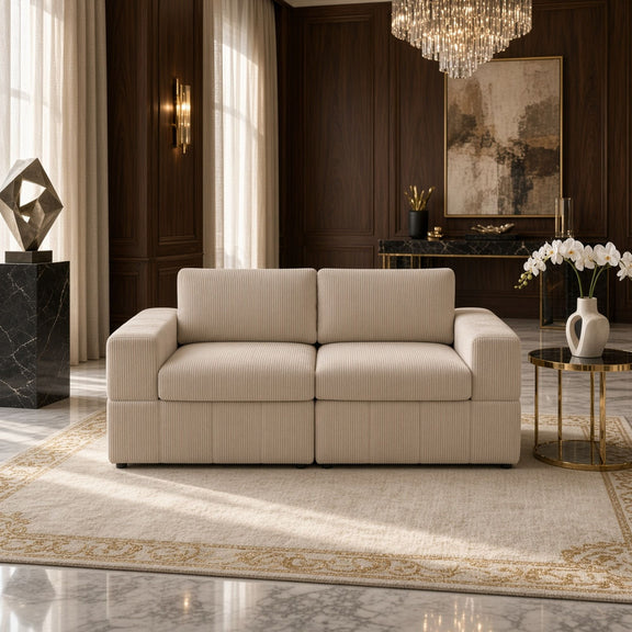 Beige modular loveseat with two seat cushions and ribbed upholstery, shown front-on