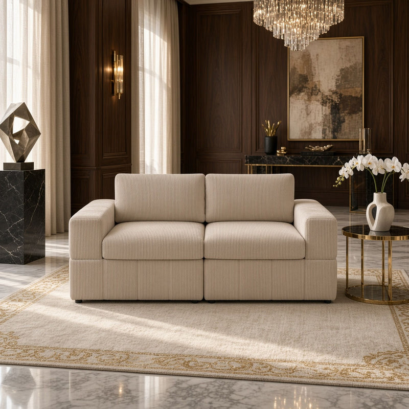 Beige modular loveseat with two seat cushions and ribbed upholstery, shown front-on