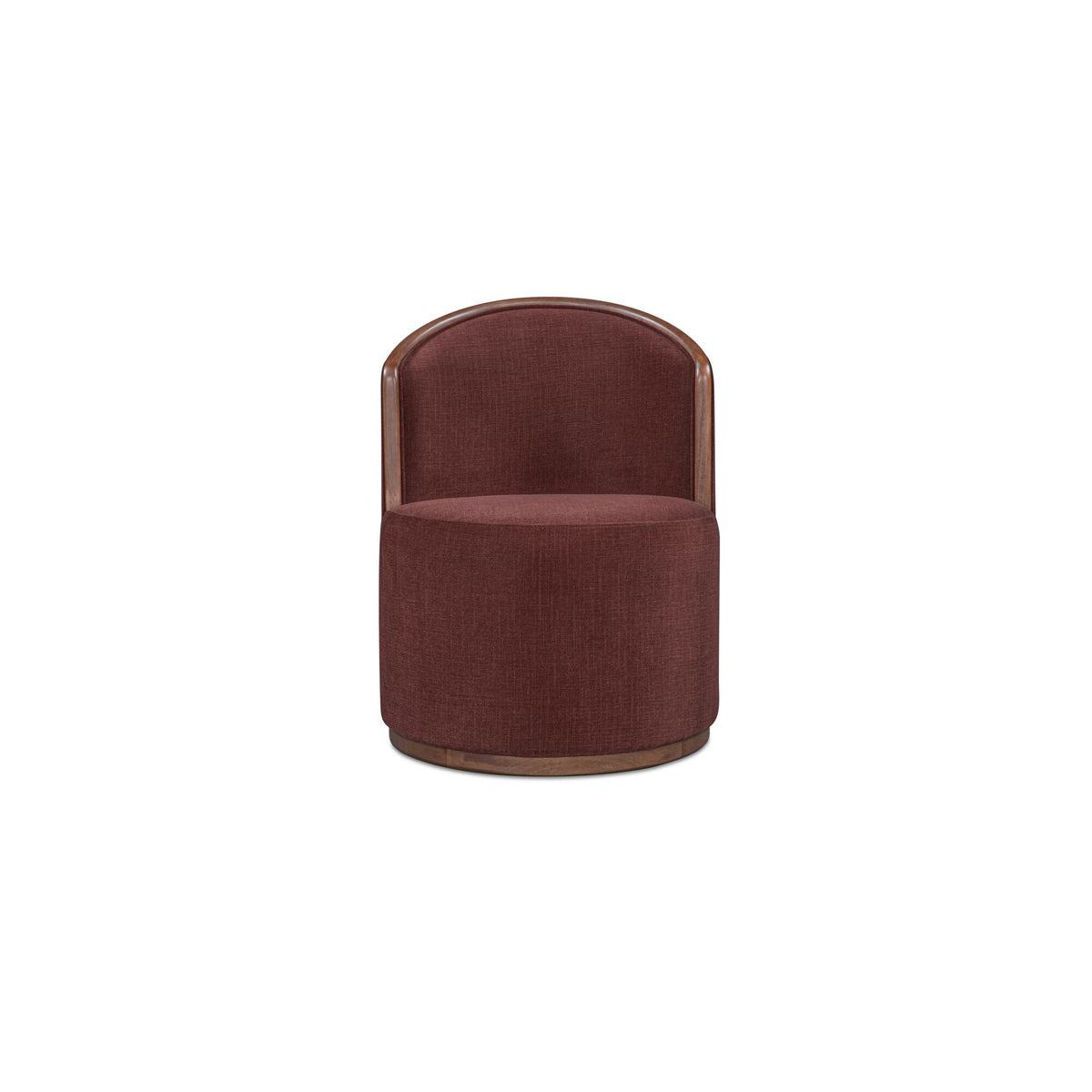 Swivel dining chair with berry upholstered seat and rounded barrel back