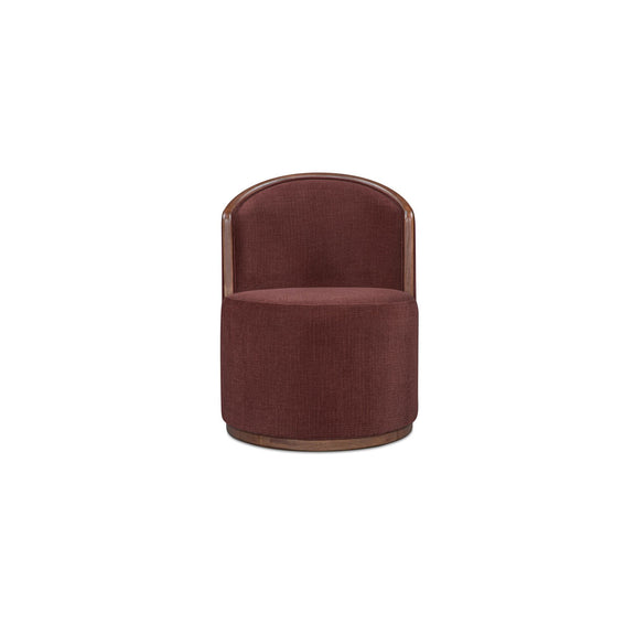 Swivel dining chair with berry upholstered seat and rounded barrel back