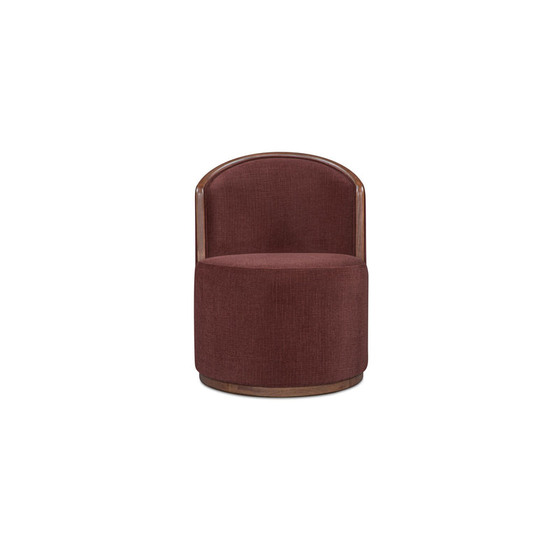 Swivel dining chair with berry upholstered seat and rounded barrel back