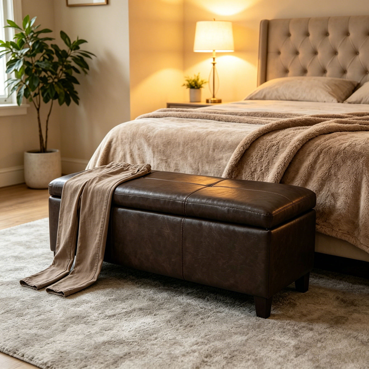 Rectangle Storage Ottoman Bench For Living Room - Brown