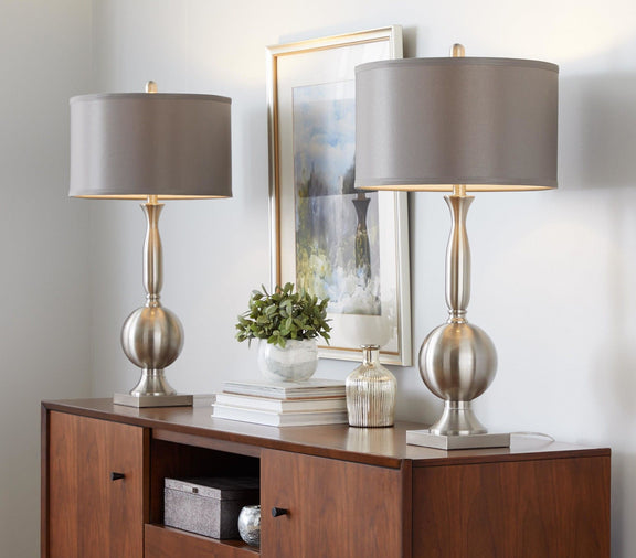 Set of 2 table lamps with gray satin shades and nickel bases on wooden console