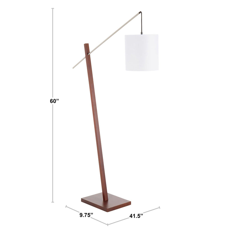 Arturo contemporary floor lamp, dark wood stand, white fabric cube shade, 60 in tall