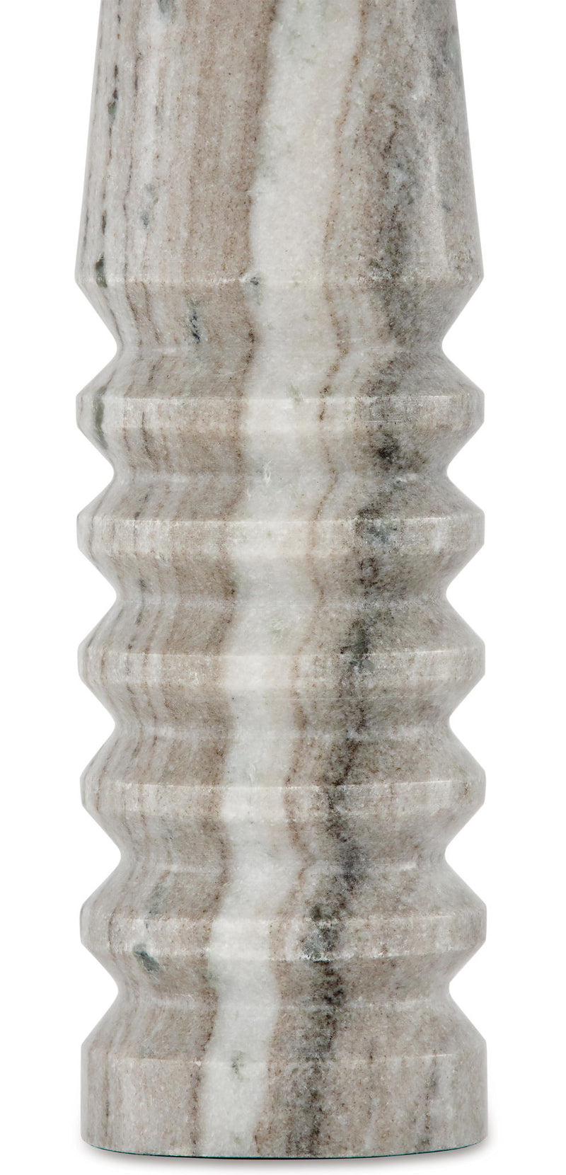 Desmont marble table lamp base close-up with gray veined stone and ridges