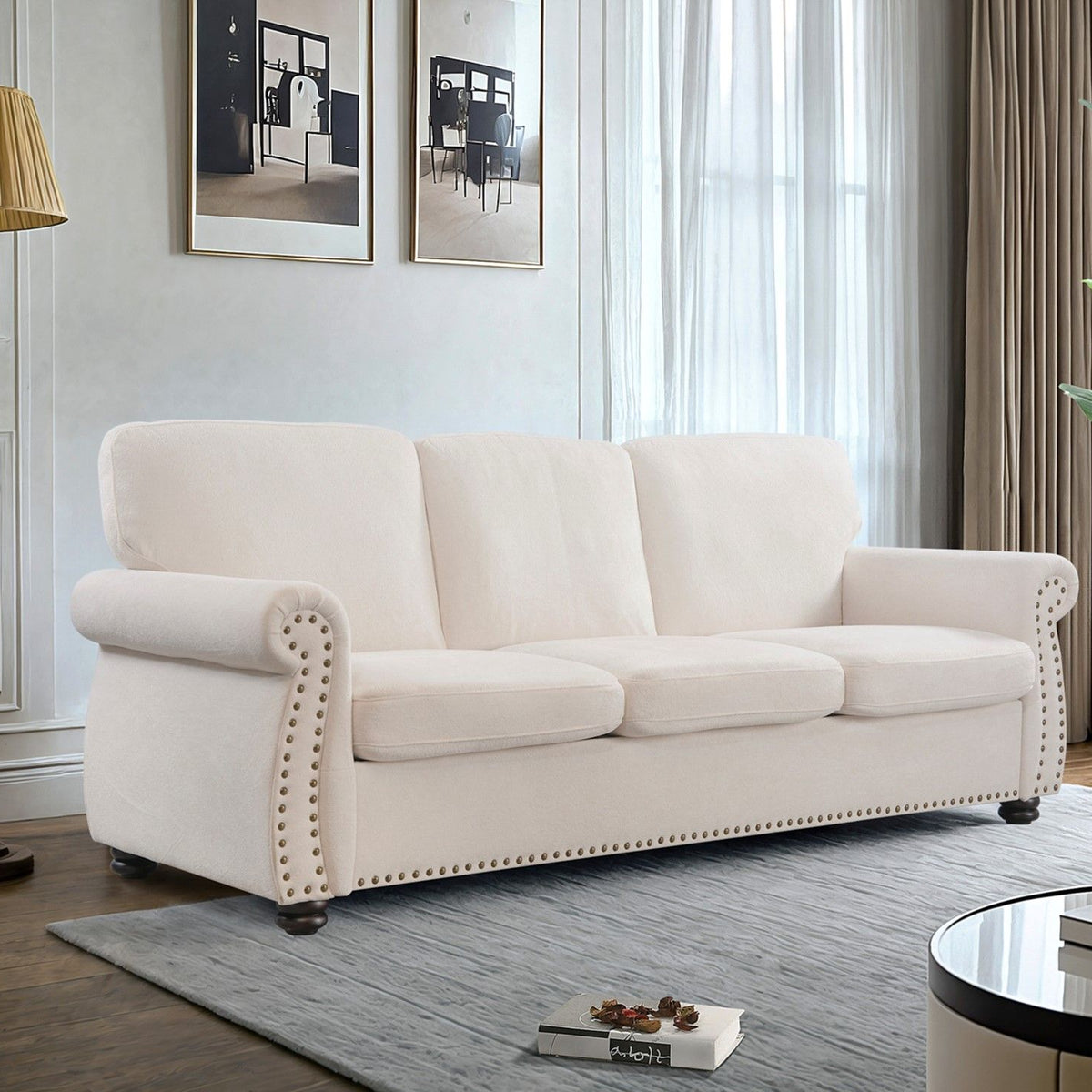 Soft Sofa, Upholstered 3 Seater Couch With High Density Foam, Loose Back Cushions And Turned Legs
