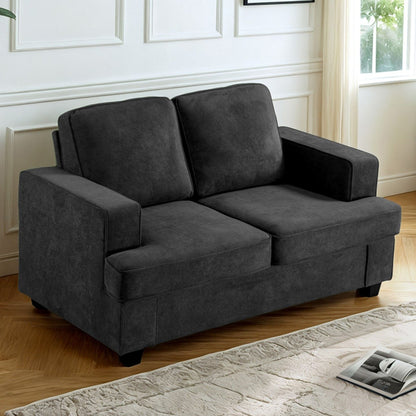 Black 2-seat loveseat sofa with wide arms and two back cushions, deep seating.