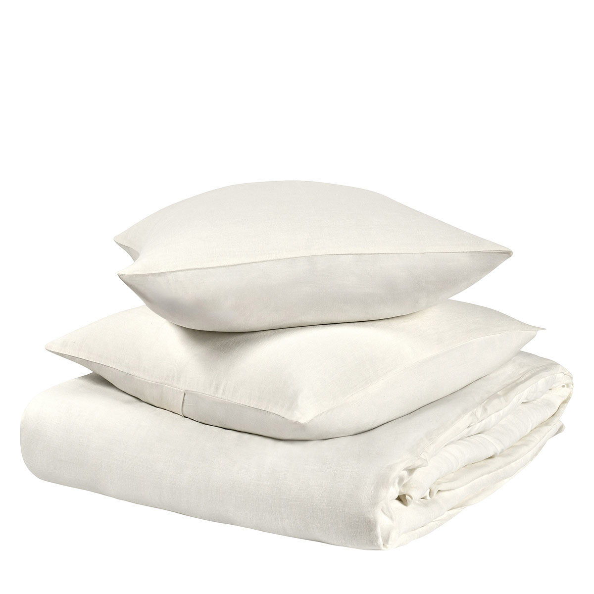 Stacked light ivory hemp duvet and pillow shams with neatly folded corners