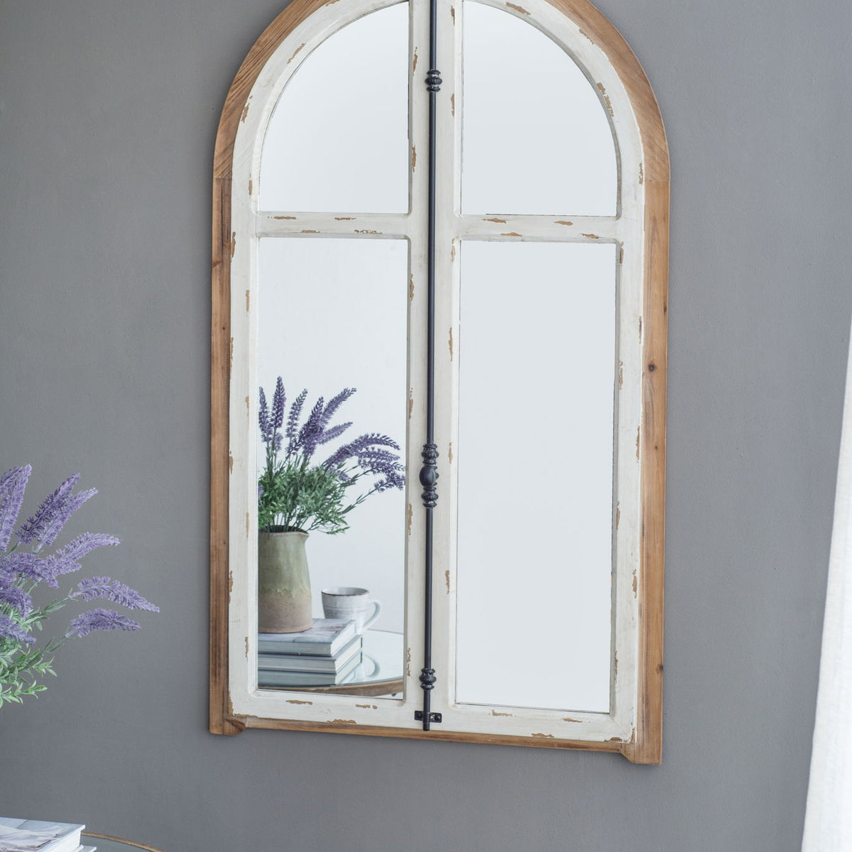 Arch Wood Wall Mirror - Brown Antique White
