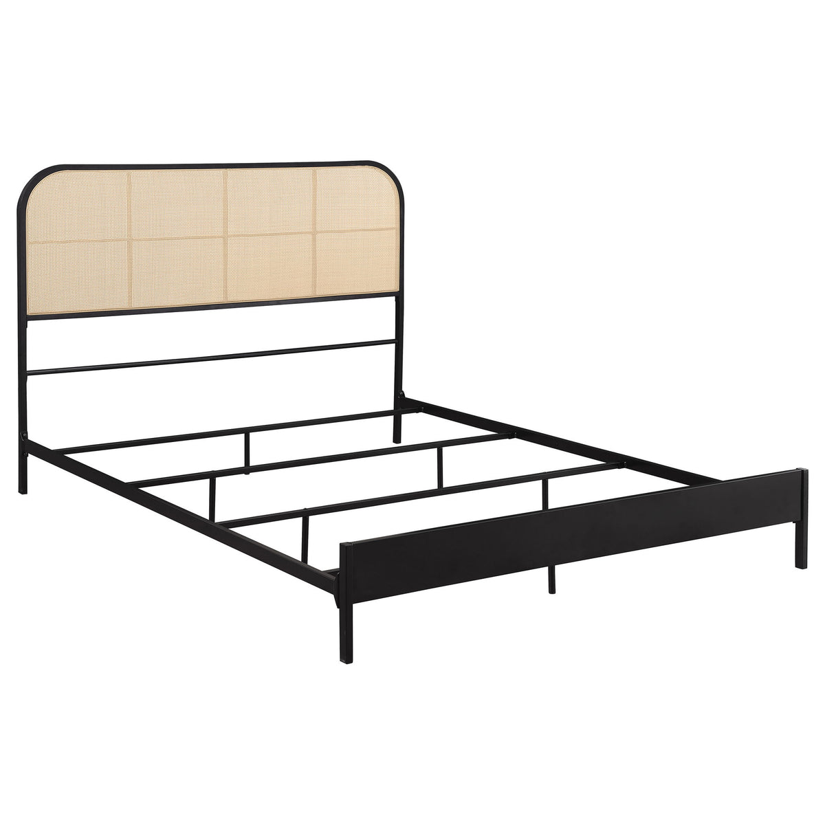 Black metal bed frame with tan woven headboard and horizontal brace panels.