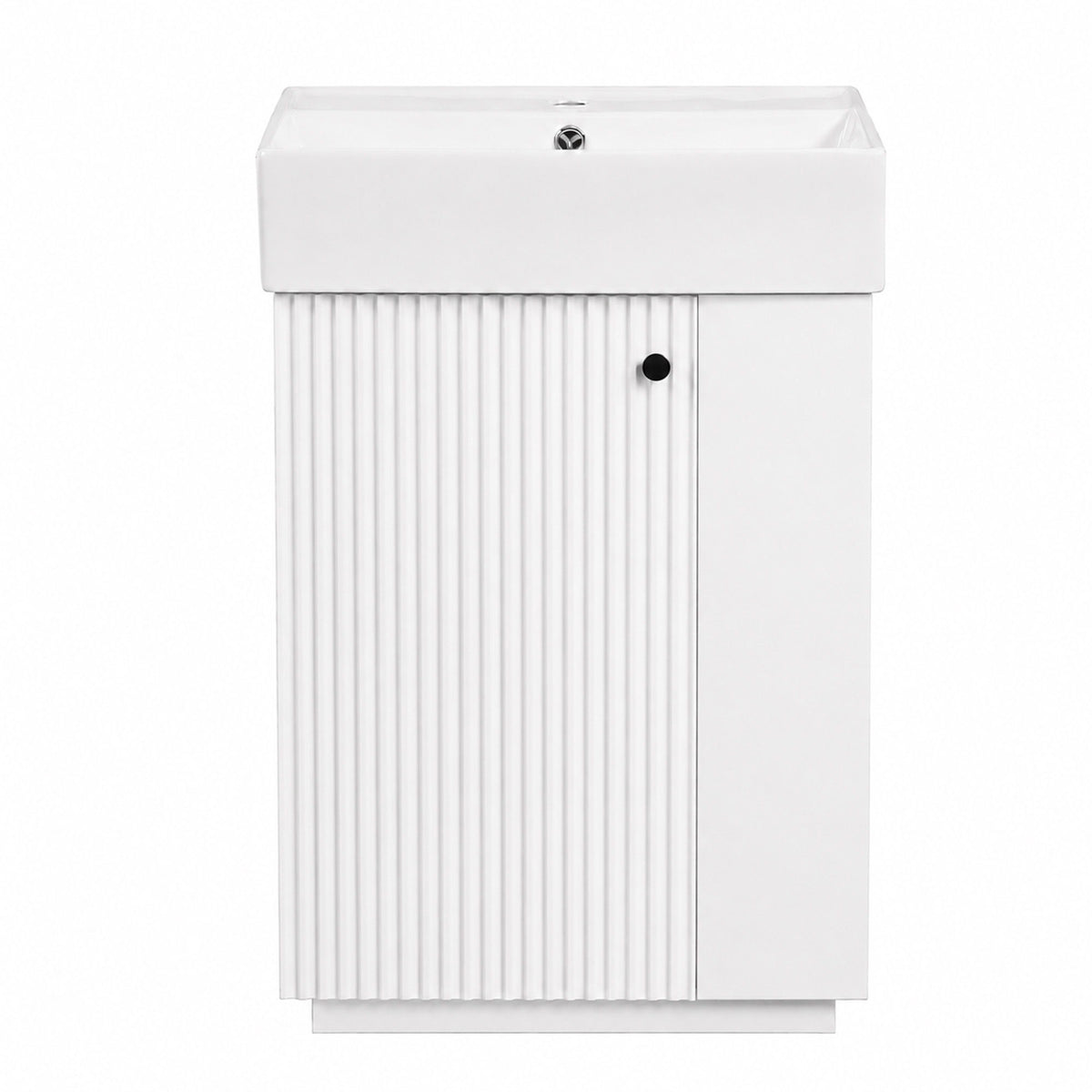 White freestanding bathroom vanity with sink top and vertical ribbed cabinet doors