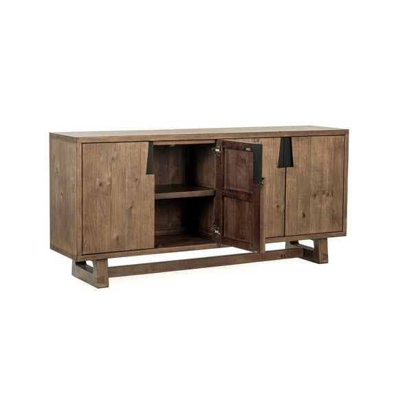 Smoke brown 4-door buffet with open doors showing interior shelves and black pulls