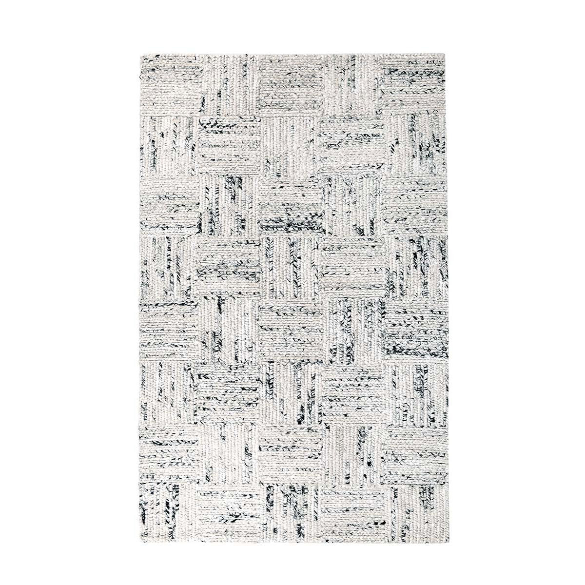 Ivory and gray distressed patterned area rug with textured, overlapping block motif