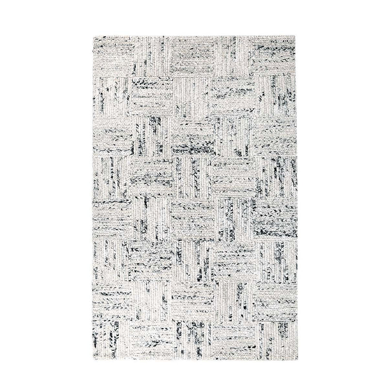 Ivory and gray distressed patterned area rug with textured, overlapping block motif
