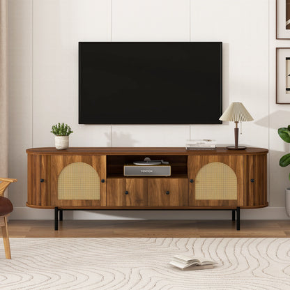 TV Stand with Hidden Storage Rattan Sliding Doors Open Shelving Brown