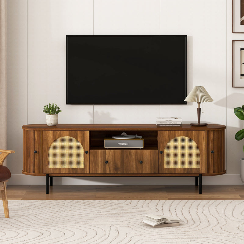 TV Stand with Hidden Storage Rattan Sliding Doors Open Shelving Brown