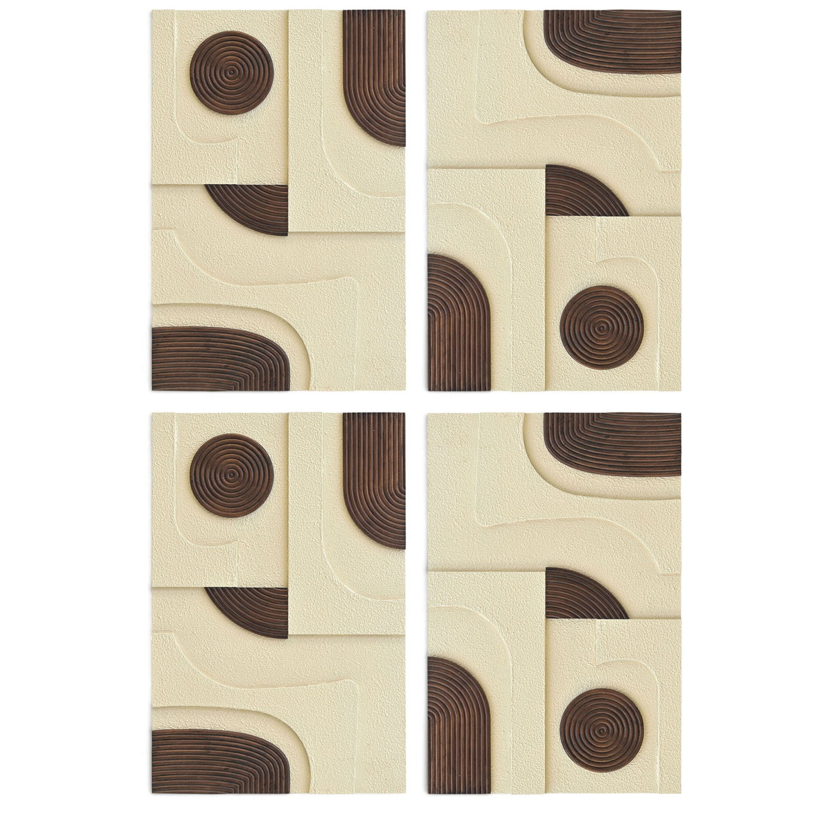 Cream textured 4-piece wall art with dark brown concentric circles and arc inlays