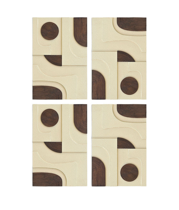 Cream textured 4-piece wall art with dark brown concentric circles and arc inlays