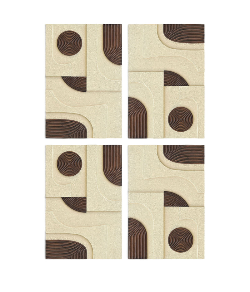 Cream textured 4-piece wall art with dark brown concentric circles and arc inlays