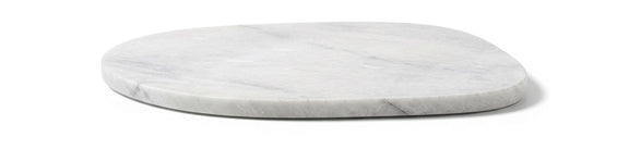 Round white marble decorative tray, angled view showing smooth rim and speckled surface