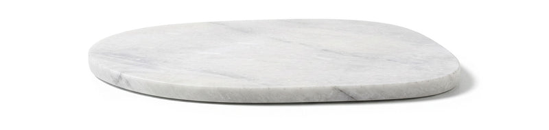 Round white marble decorative tray, angled view showing smooth rim and speckled surface