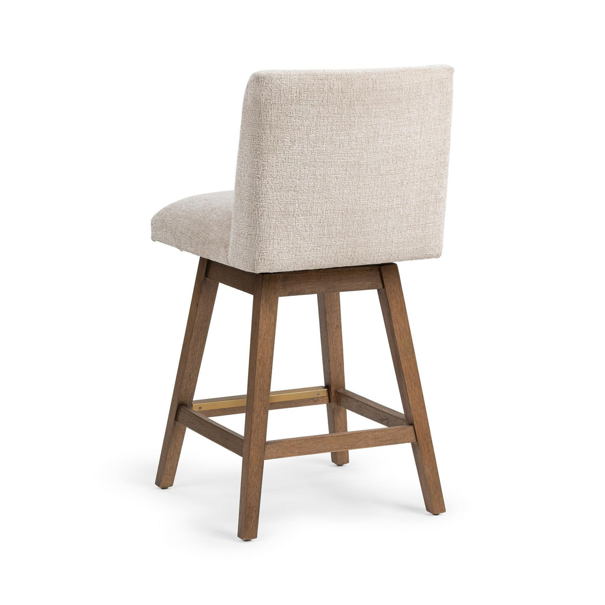Counter-height swivel stool with upholstered light beige backrest and seat, angled wooden frame.