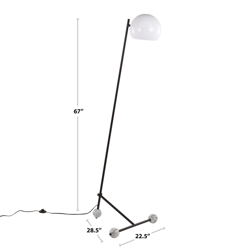 Tall floor lamp with white dome shade; 67 in height and angled metal base shown