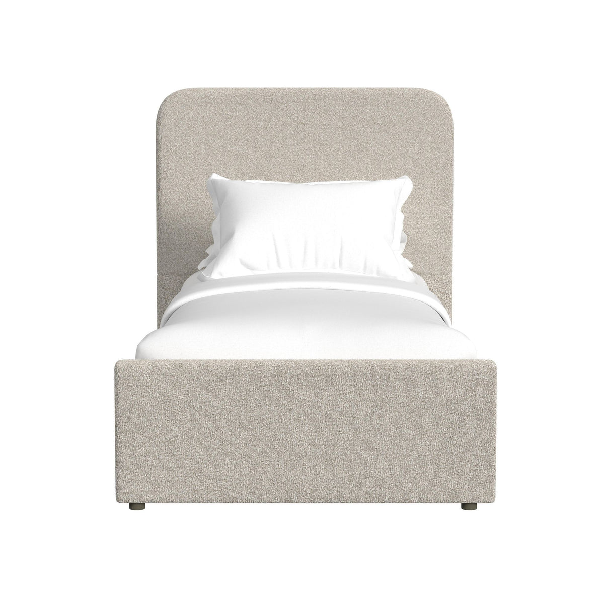 Upholstered bed with rounded headboard, light gray fabric, low platform frame
