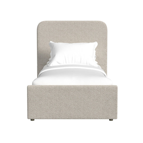 Upholstered bed with rounded headboard, light gray fabric, low platform frame