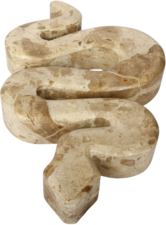 Beige marble tabletop object with open oval cutouts, close-up sculpture