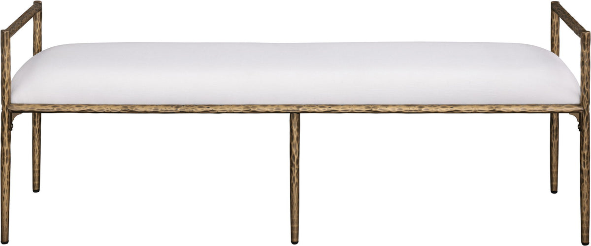 Upholstered bench with bronze metal frame and light cream linen-textured seat