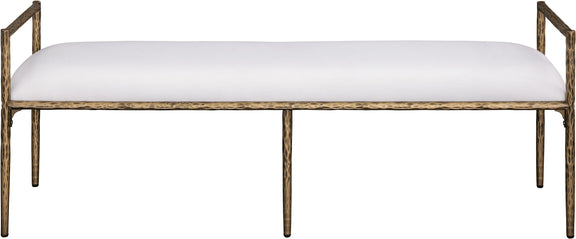 Upholstered bench with bronze metal frame and light cream linen-textured seat