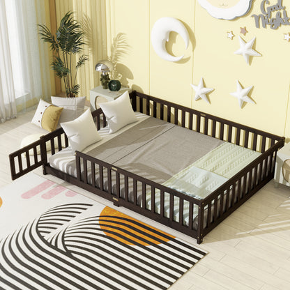 Queen Size Floor Bed with Fence, Door, Rubber Wood Floor Bed with Safety Guardrails, Espresso
