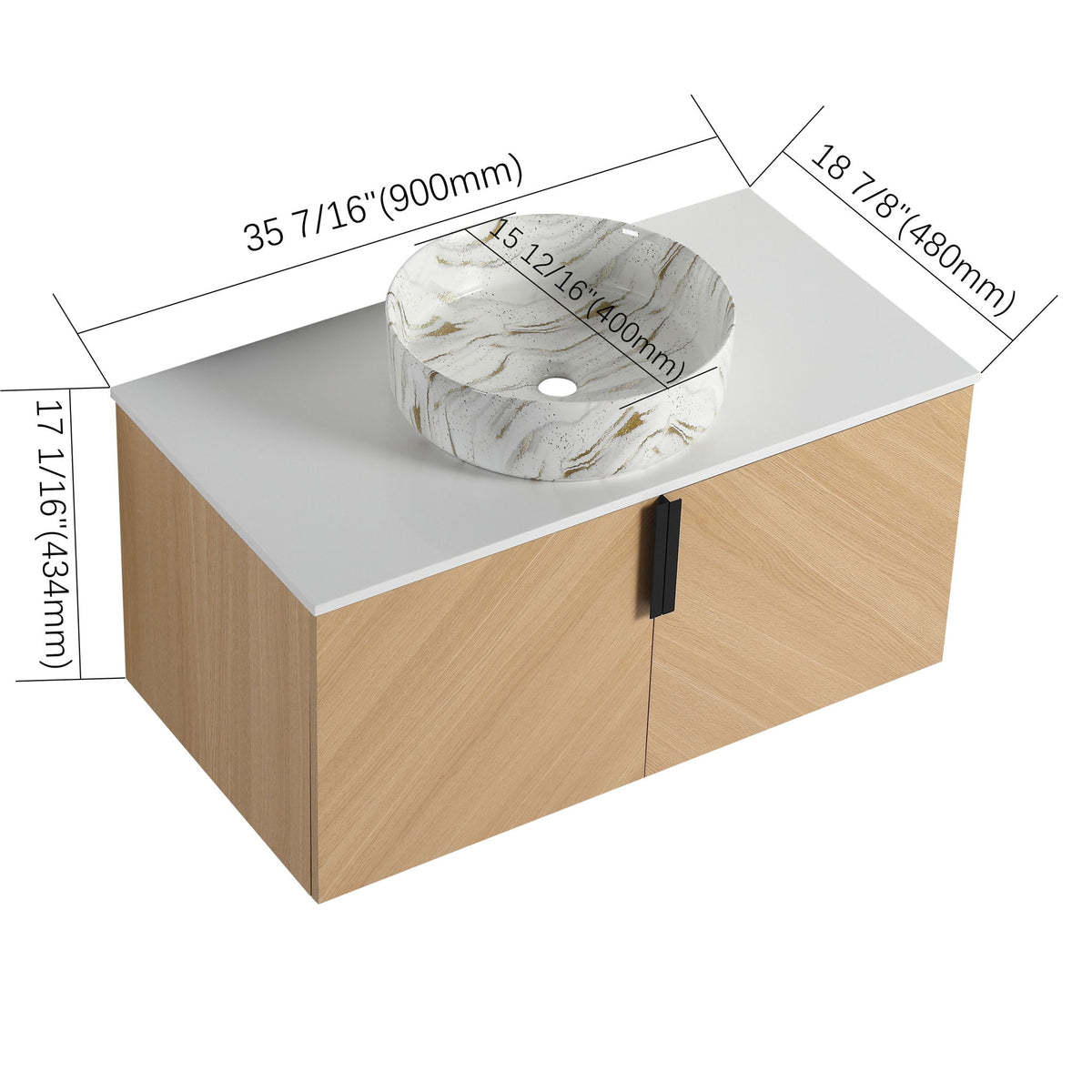 Wall-mounted bathroom vanity with white marbled round vessel sink and light wood two-door cabinet