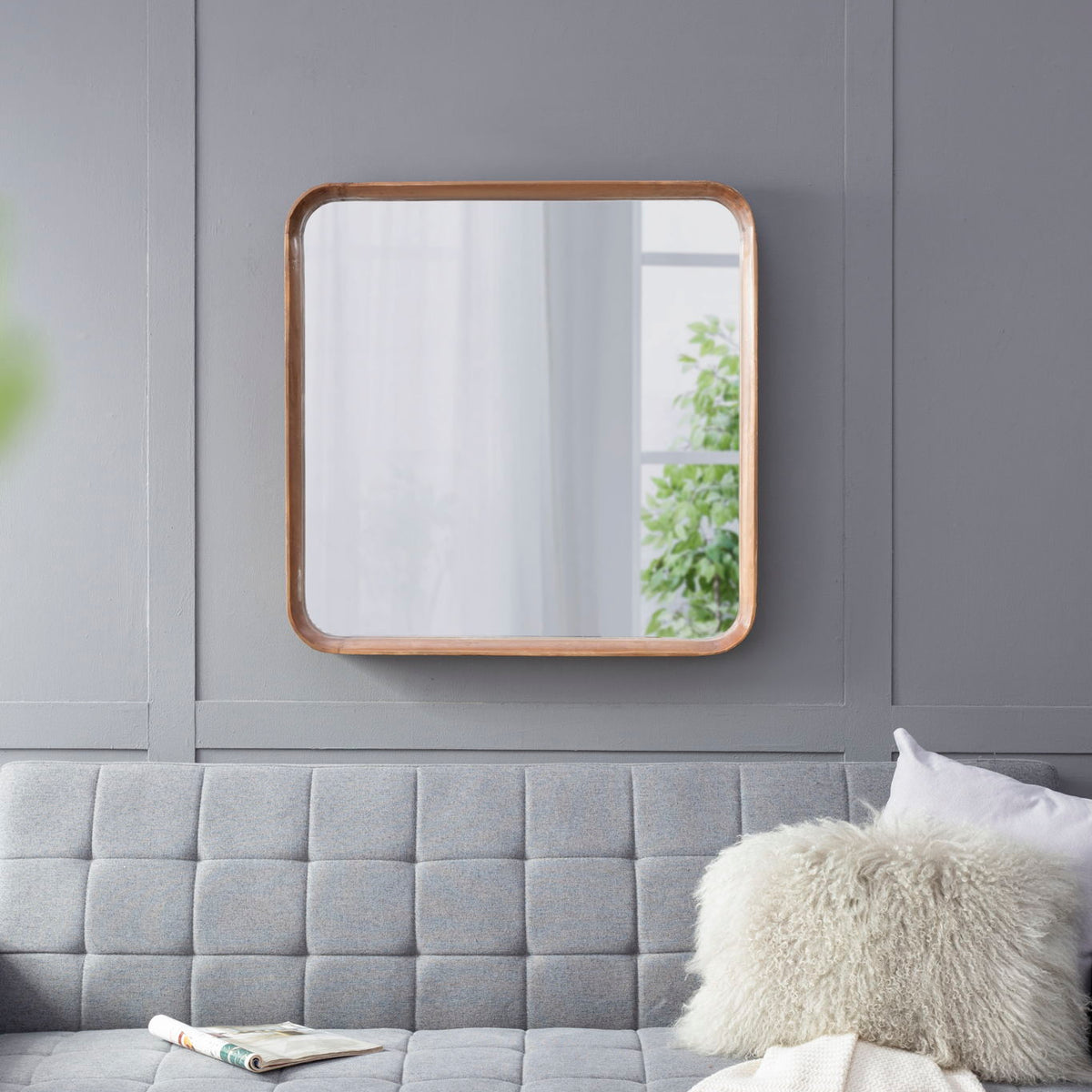 Square Mirror With Wood Frame, Wall Mirror For Living Room Bathroom Entryway - Brown